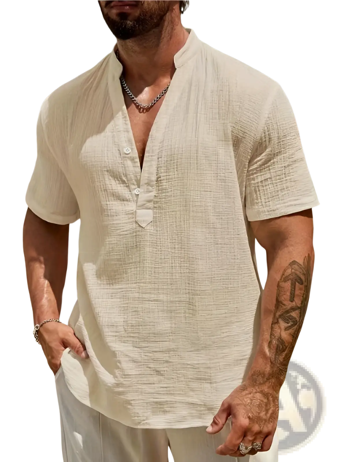 Beige men cotton linen Cuban collar shirt with short sleeves button-down front and subtle textured weave