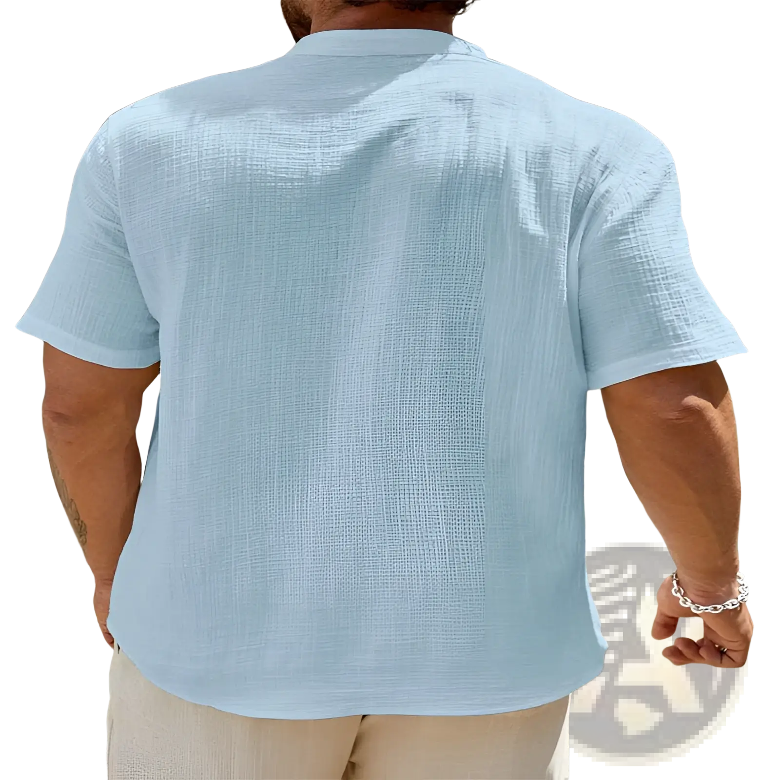 Men cotton linen Cuban collar shirt in light blue with short sleeves and subtle textured weave fabric