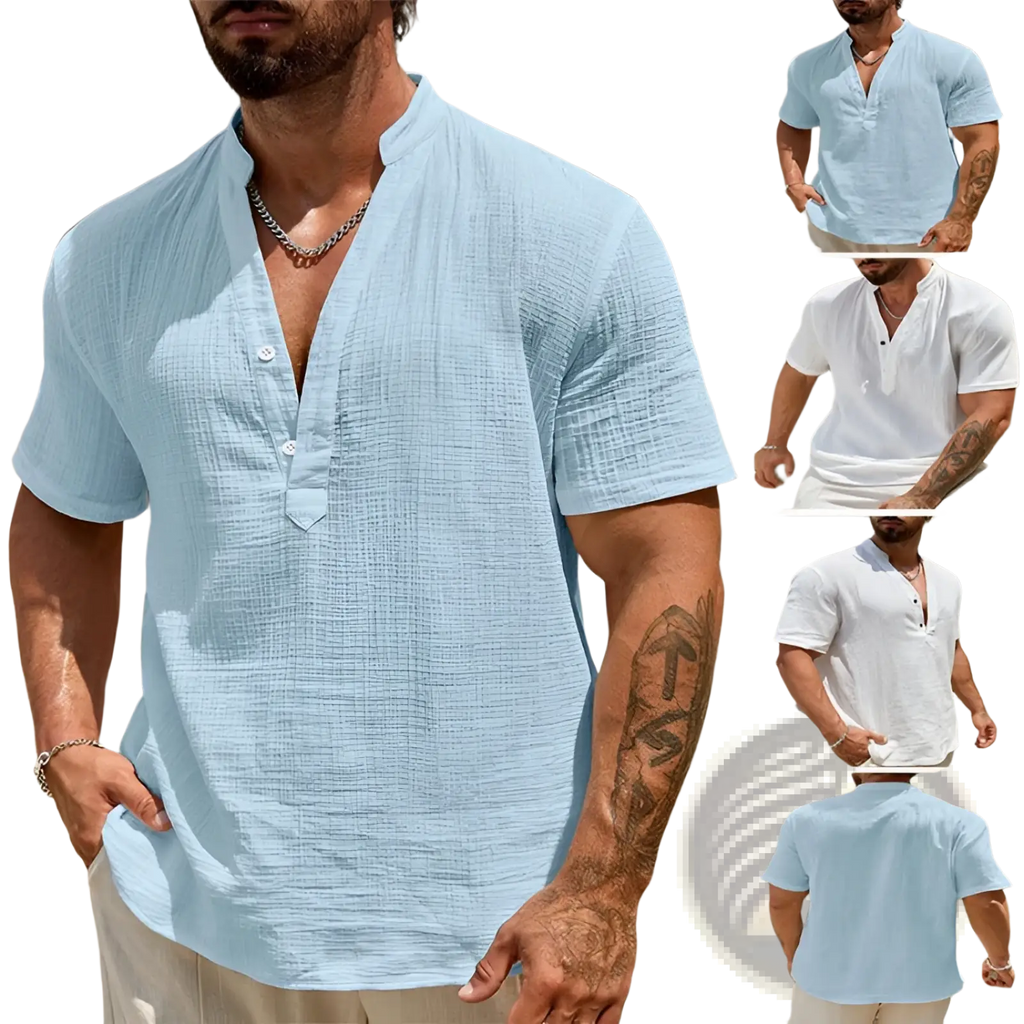Men cotton linen Cuban collar shirt in light blue with short sleeves and buttoned v-neck collar