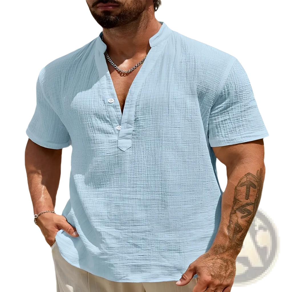Men cotton linen Cuban collar shirt in light blue with breathable textured fabric and short sleeves