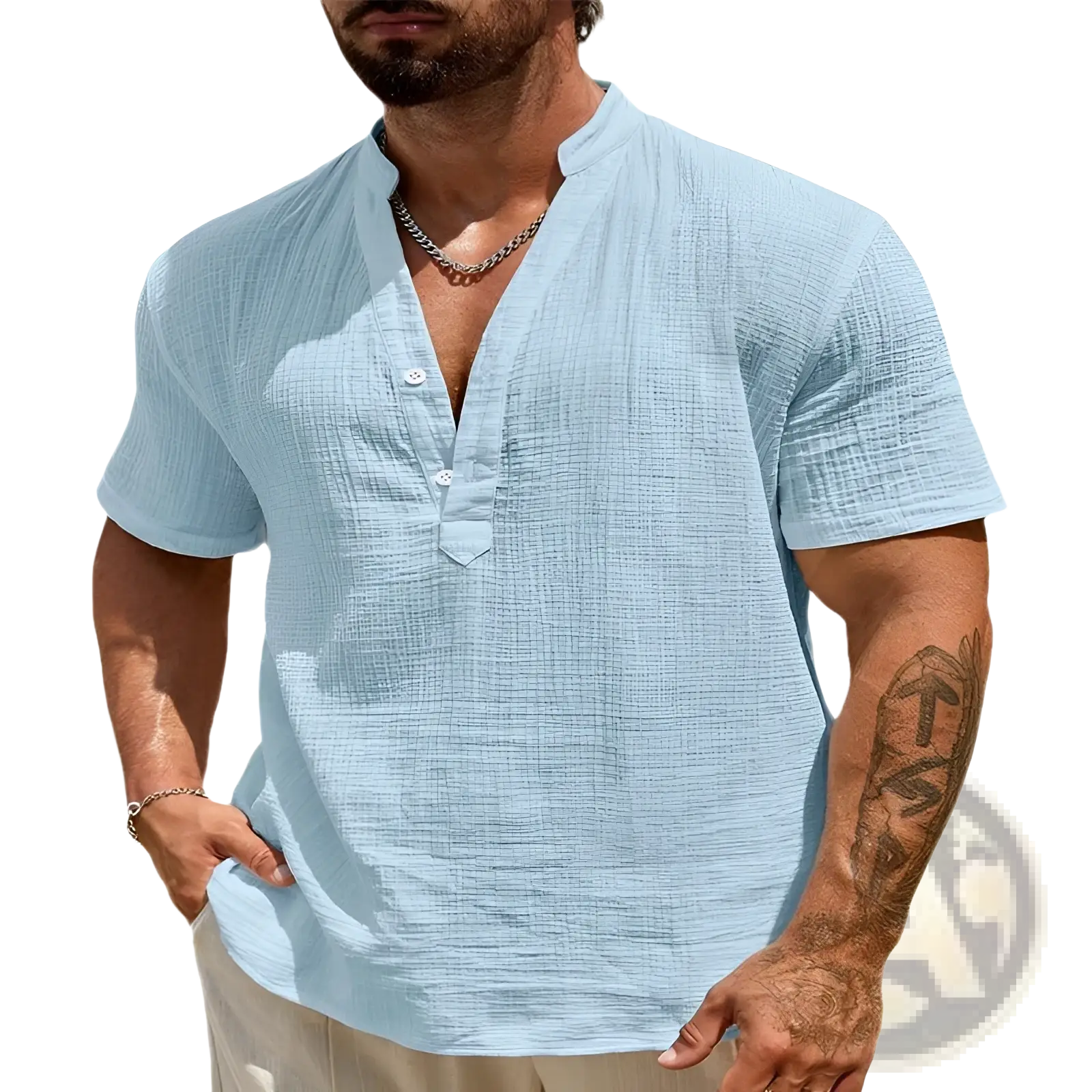 Men cotton linen Cuban collar shirt in light blue with breathable textured fabric and short sleeves