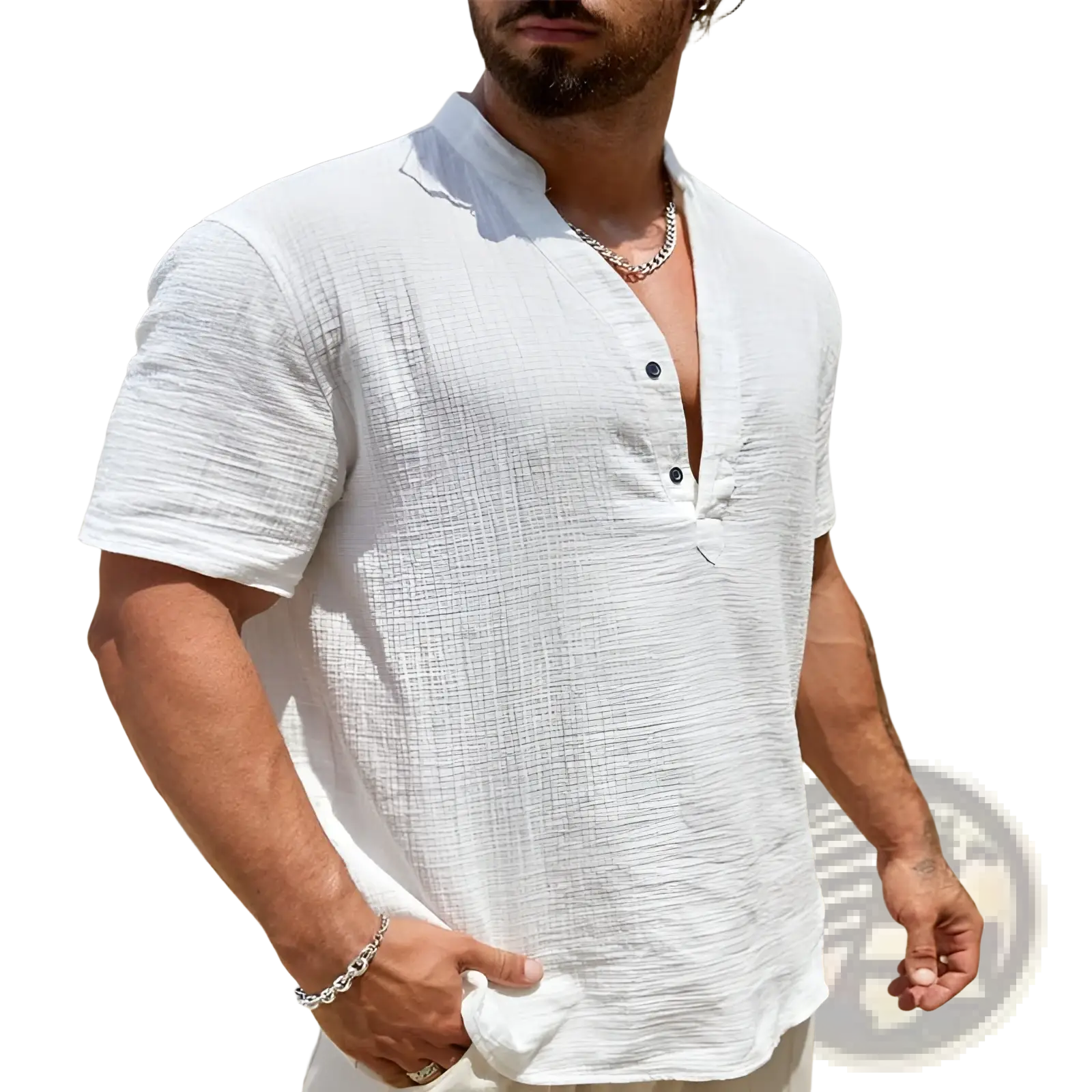 Men cotton linen white textured short-sleeved button-up shirt with a Cuban collar for casual wear