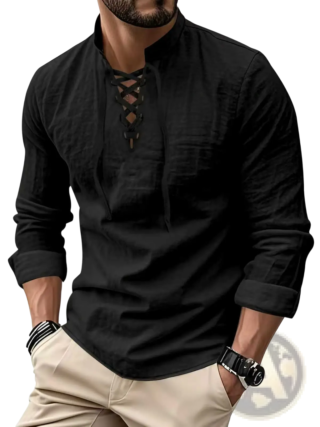 Men cotton linen black long-sleeved drawstring shirt with lace-up front and rolled cuffs for casual wear