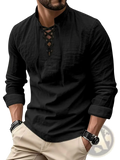 Men cotton linen black long-sleeved drawstring shirt with lace-up front and rolled cuffs for casual wear