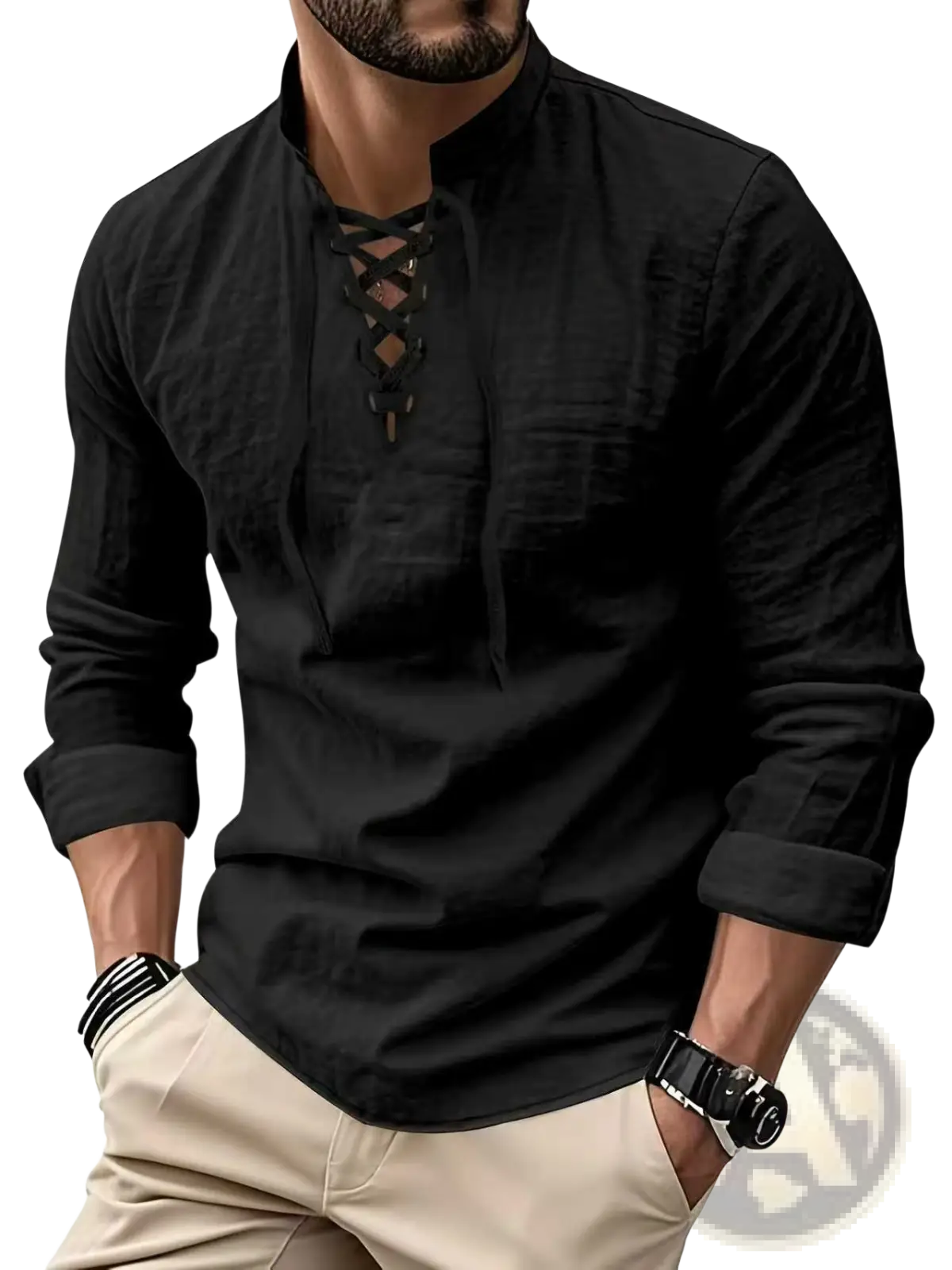 Men cotton linen black long-sleeved drawstring shirt with lace-up front and rolled cuffs for casual wear