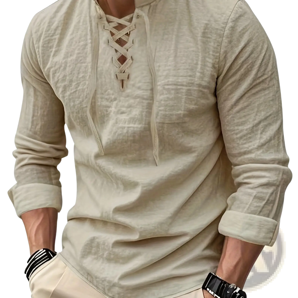 Men cotton linen drawstring shirt in beige with long sleeves, lace-up front, and rolled cuffs made of linen