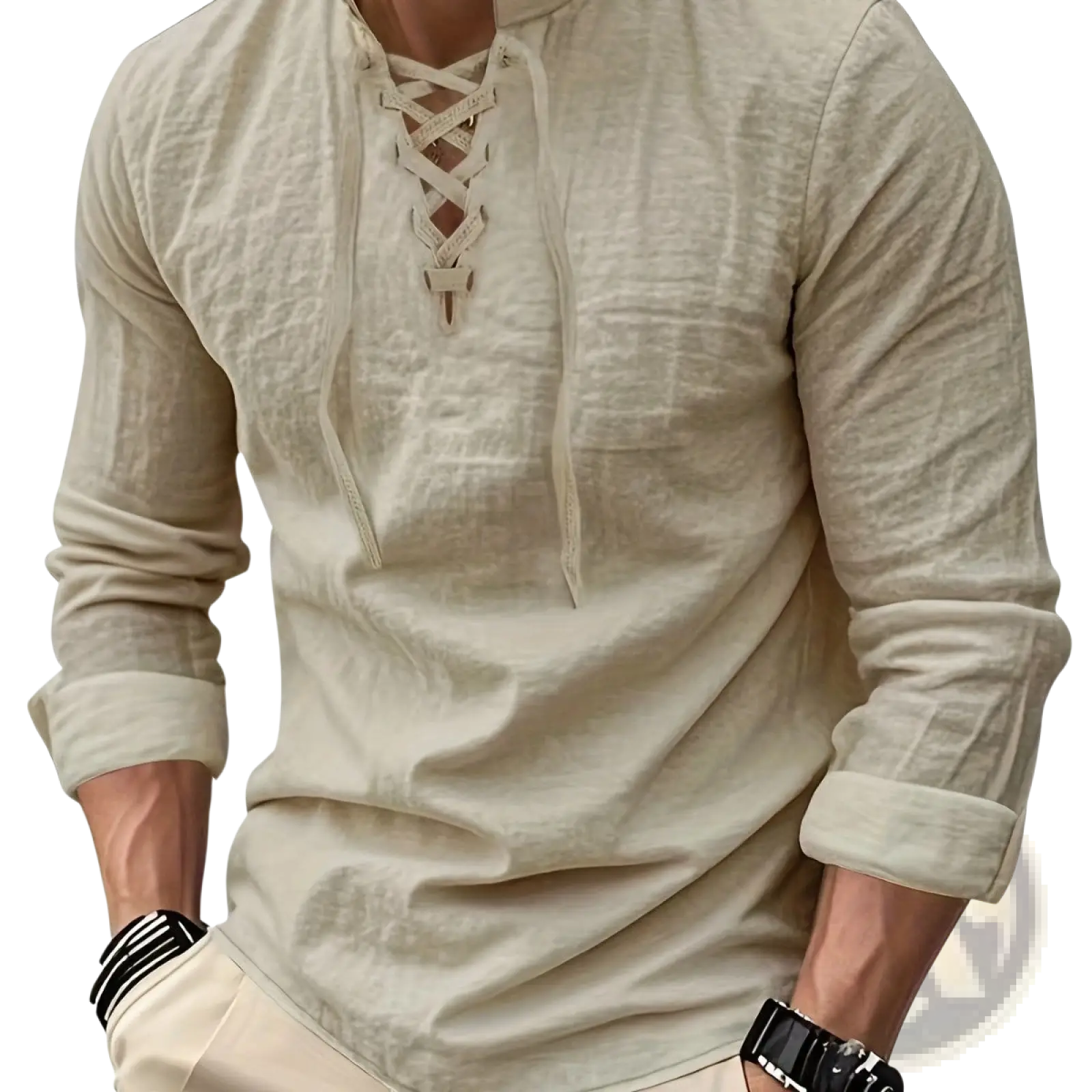 Men cotton linen drawstring shirt in beige with long sleeves, lace-up front, and rolled cuffs made of linen