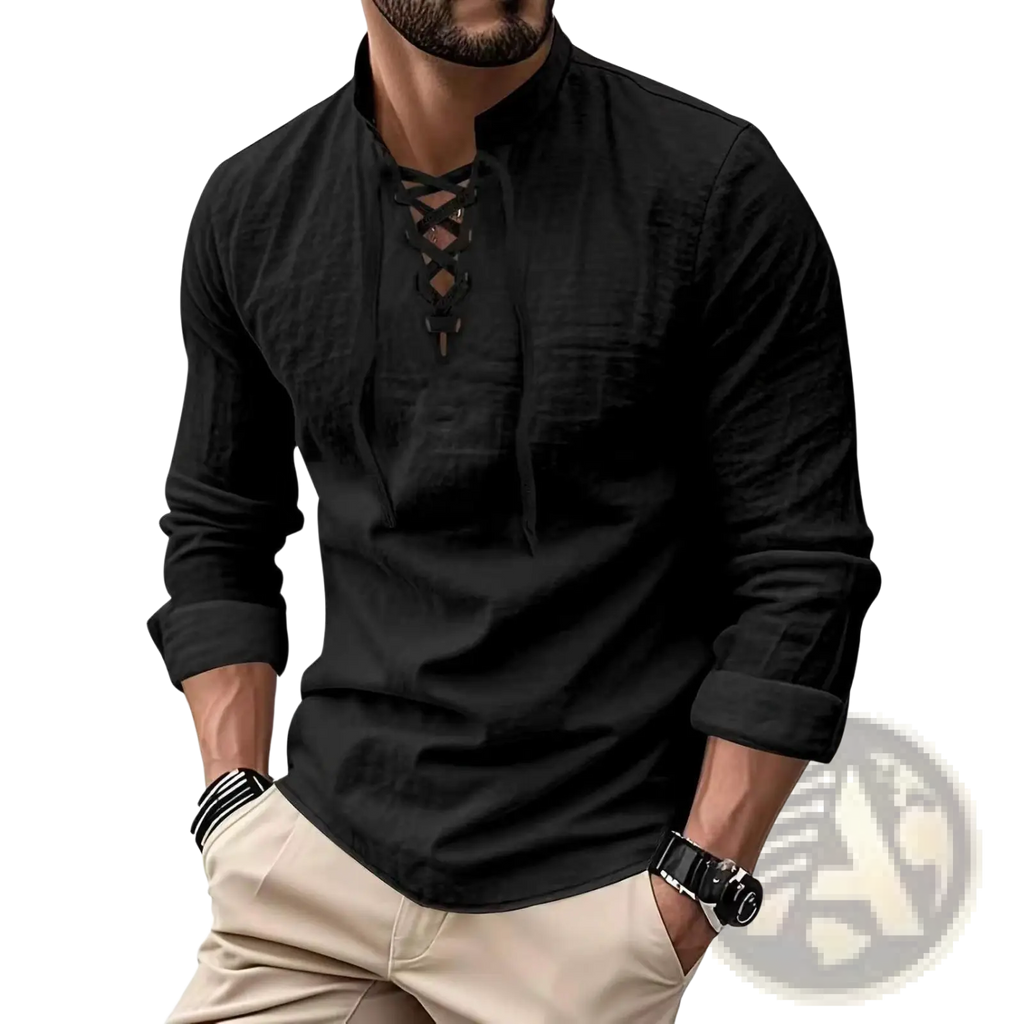 Black men cotton linen long-sleeved shirt with lace-up front and rolled cuffs for casual wear