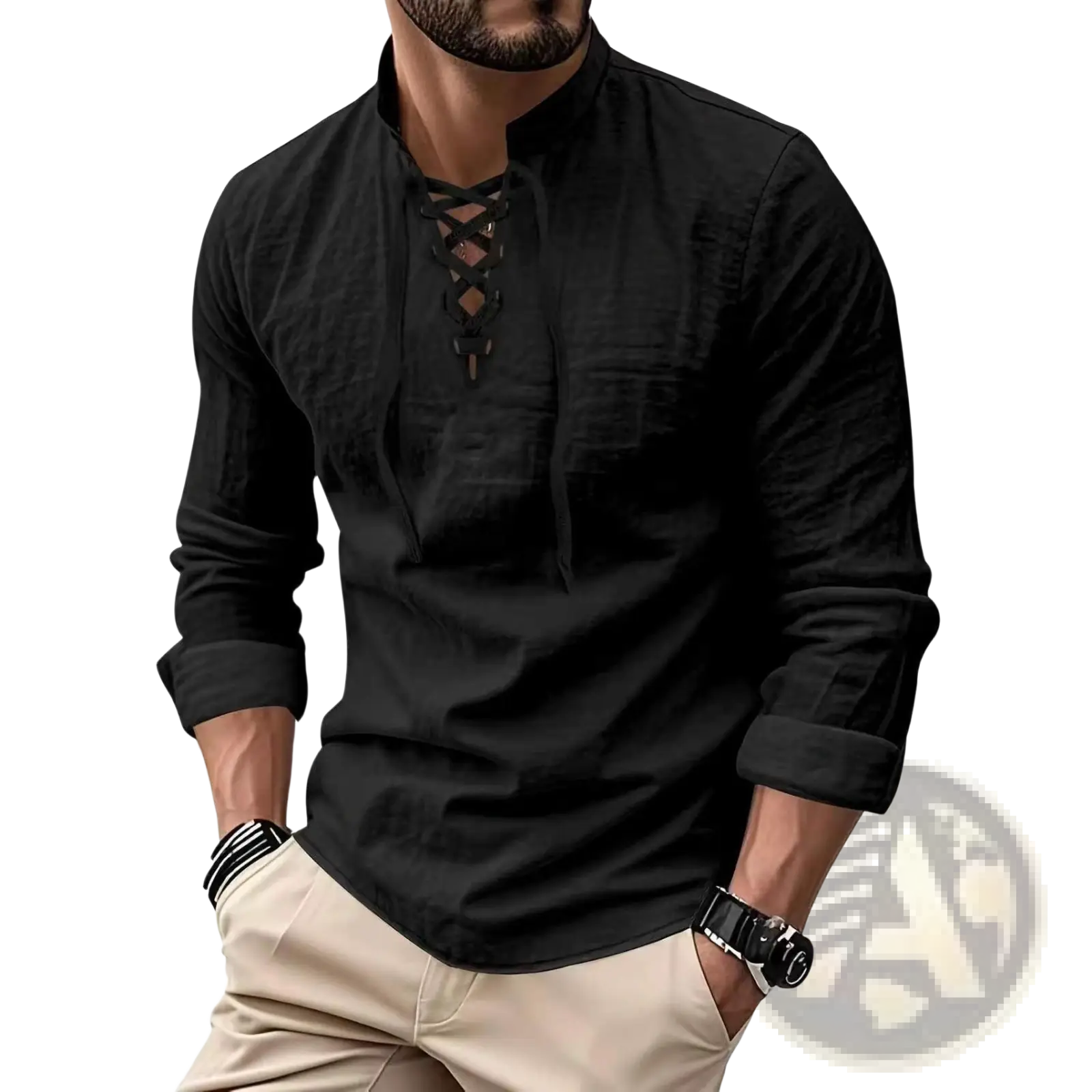 Black men cotton linen long-sleeved shirt with lace-up front and rolled cuffs for casual wear