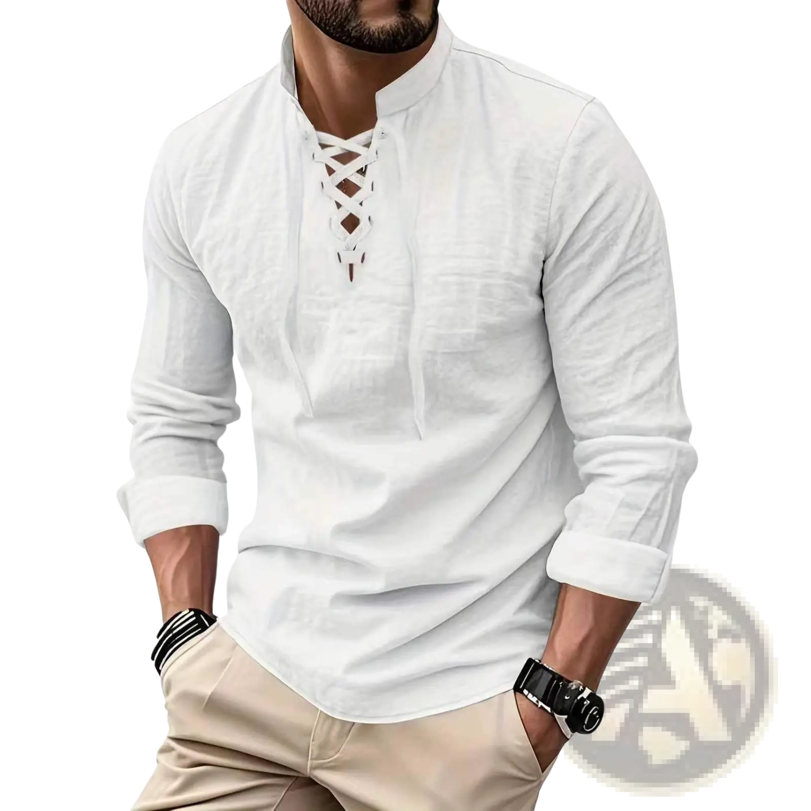White men cotton linen drawstring shirt with lace-up front and rolled cuffs long-sleeved design