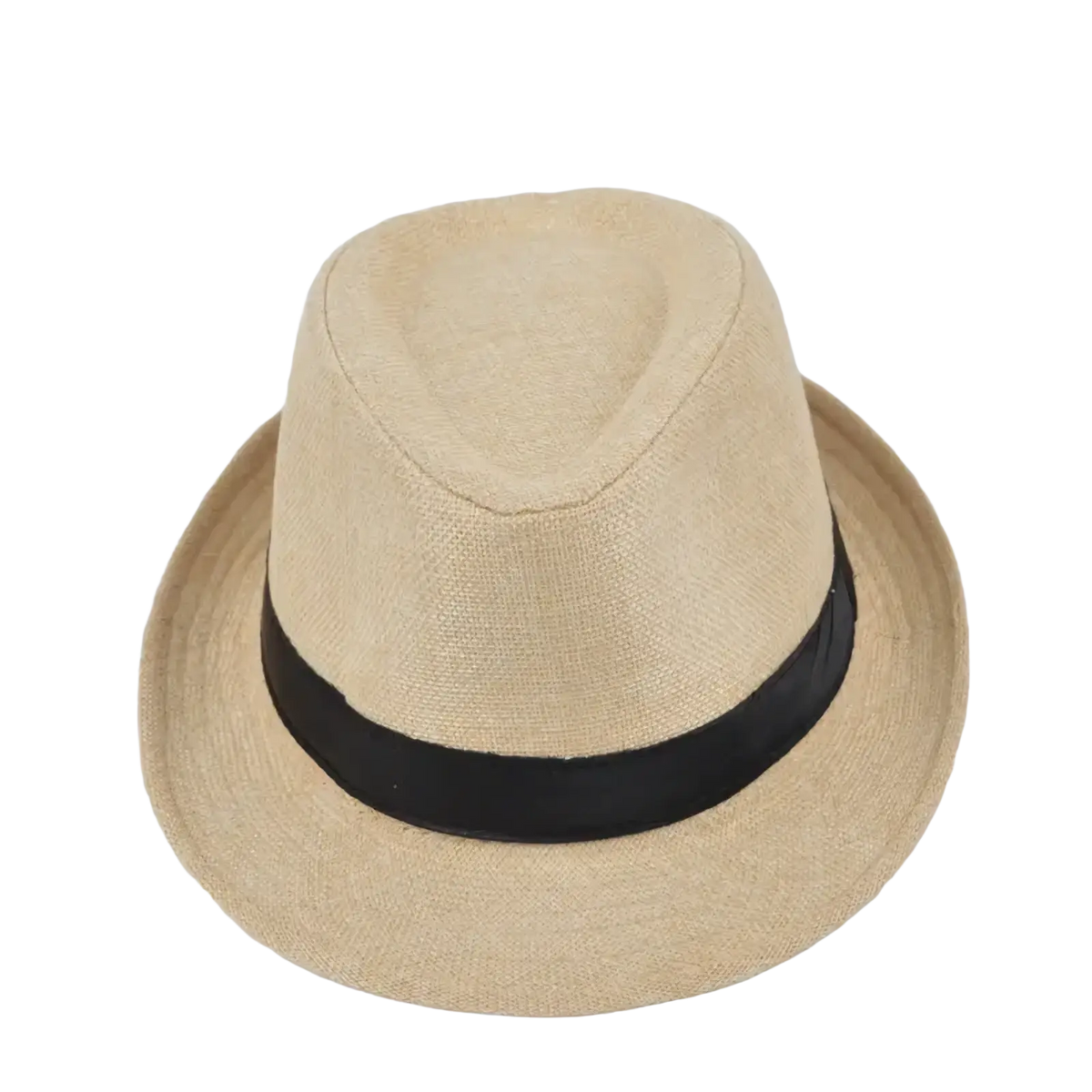Beige men cotton linen fedora hat with black ribbon band designed for casual sunshade use