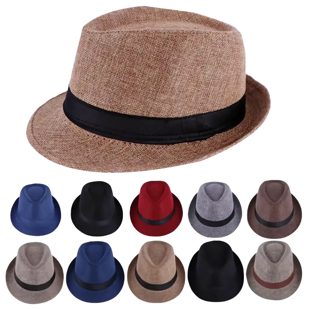 Beige cotton linen fedora hat with black satin band designed for casual sunshade and comfort