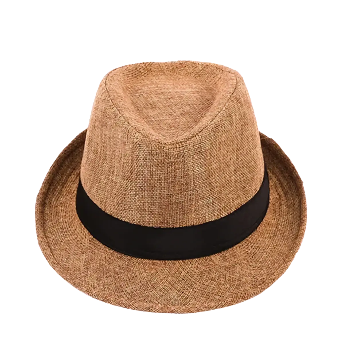 Beige woven men cotton linen fedora hat with black ribbon band for casual sunshade use
