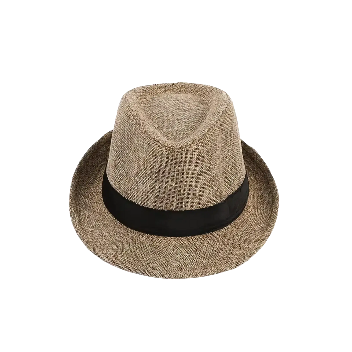Beige woven men cotton linen fedora hat with black satin band designed for casual sunshade use