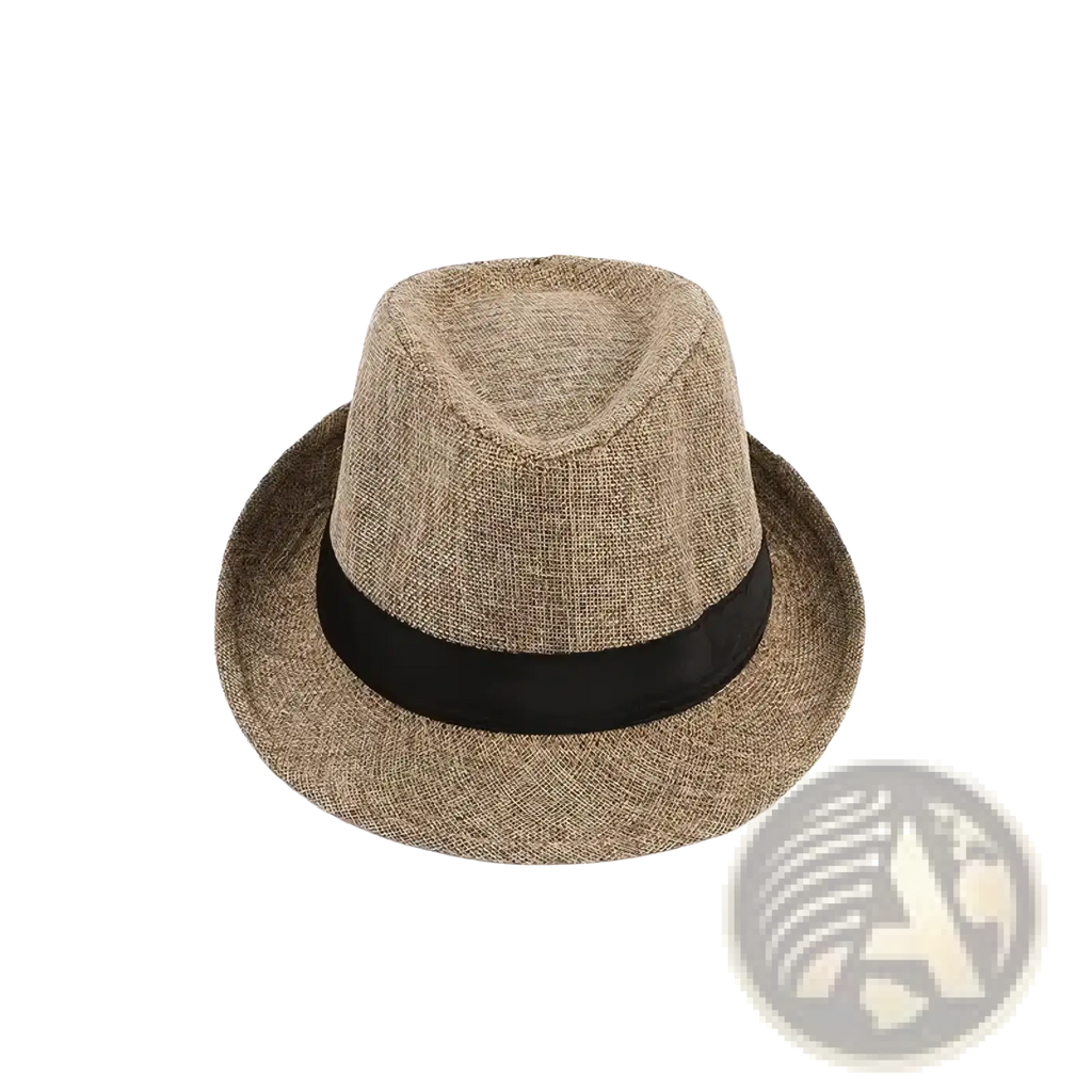 Beige woven men cotton linen fedora hat with black satin band designed for casual sunshade use