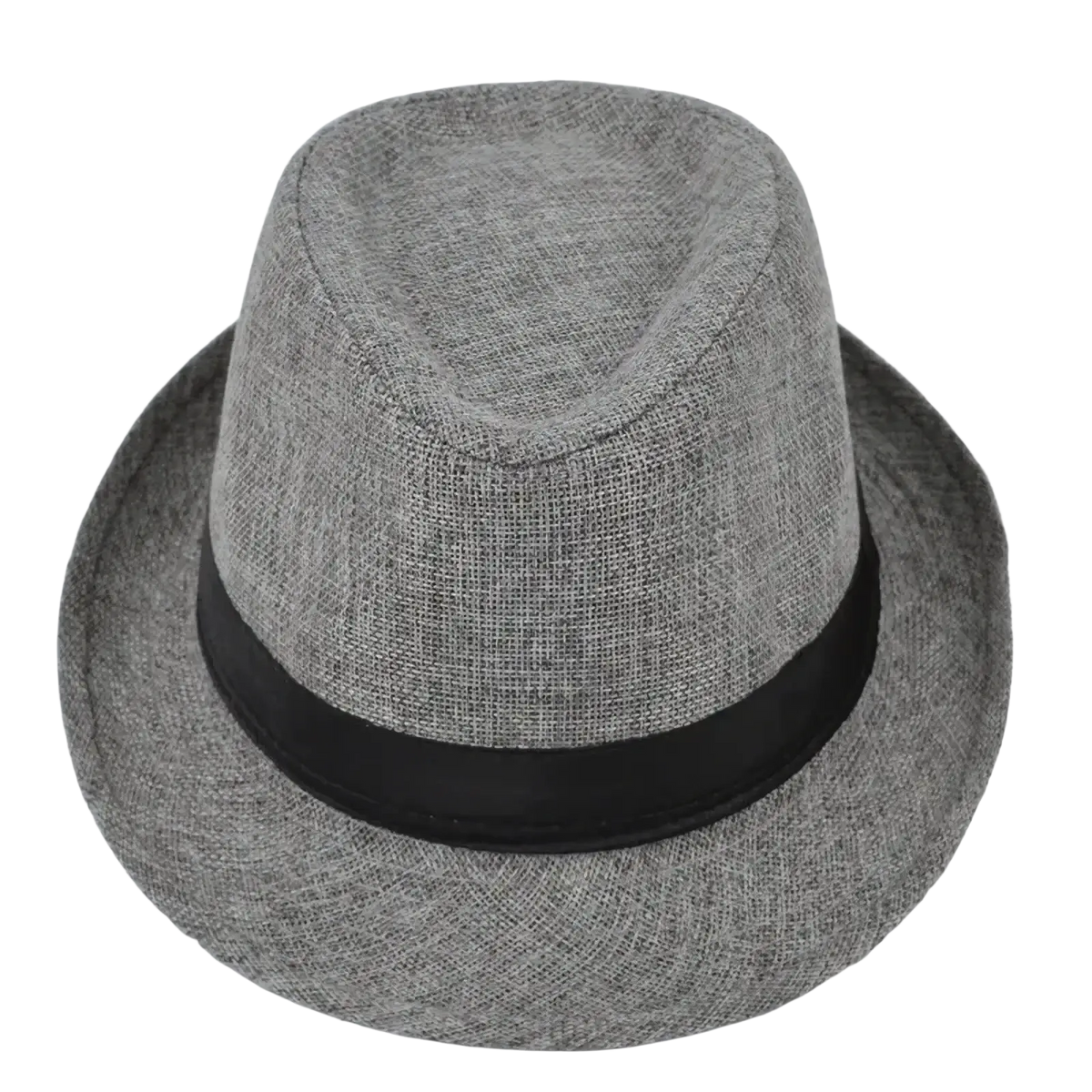 Gray cotton linen fedora hat with black ribbon band designed for men casual sunshade and outdoor use