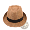 Beige woven men cotton linen fedora hat with black ribbon band for casual sunshade use
