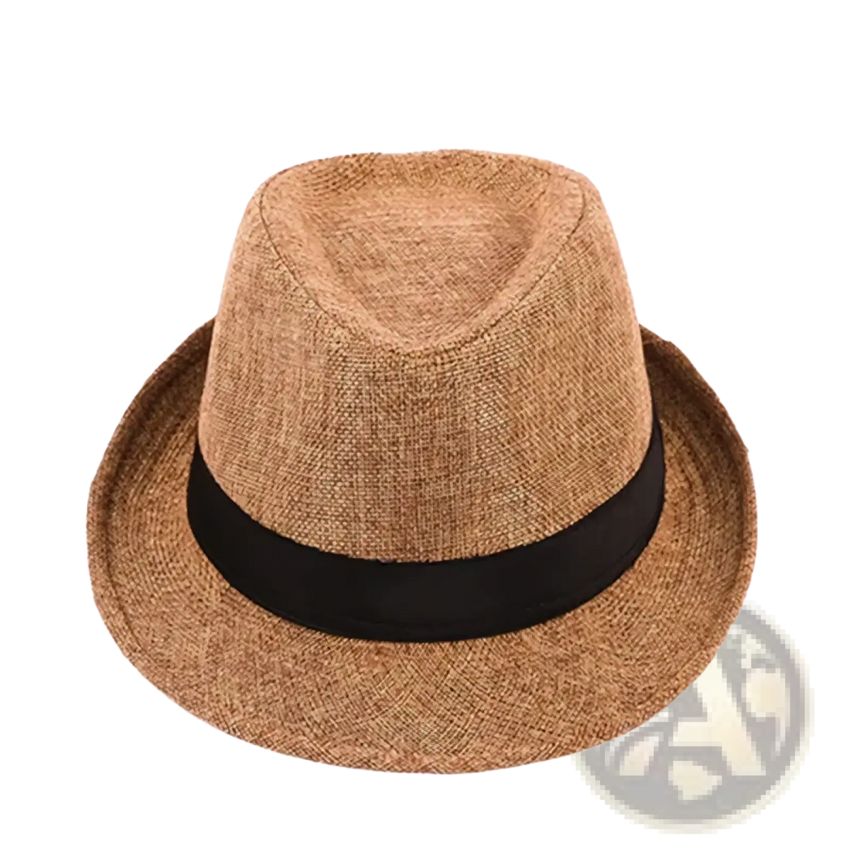 Beige woven men cotton linen fedora hat with black ribbon band for casual sunshade use