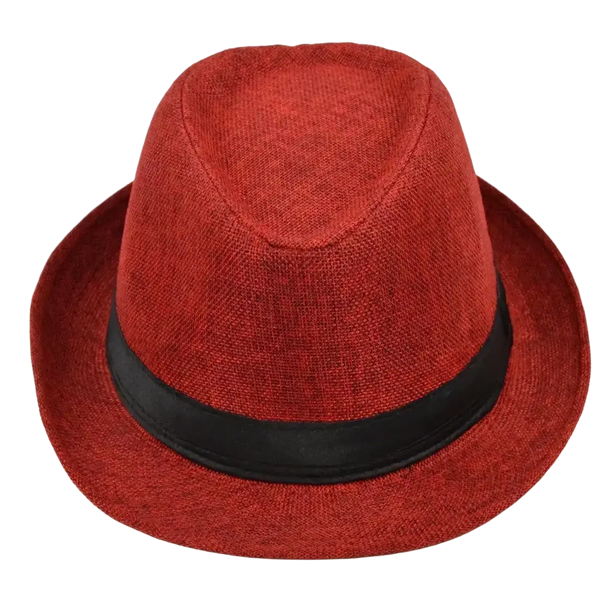 Red fedora hat with black band made of cotton linen designed for casual sunshade use