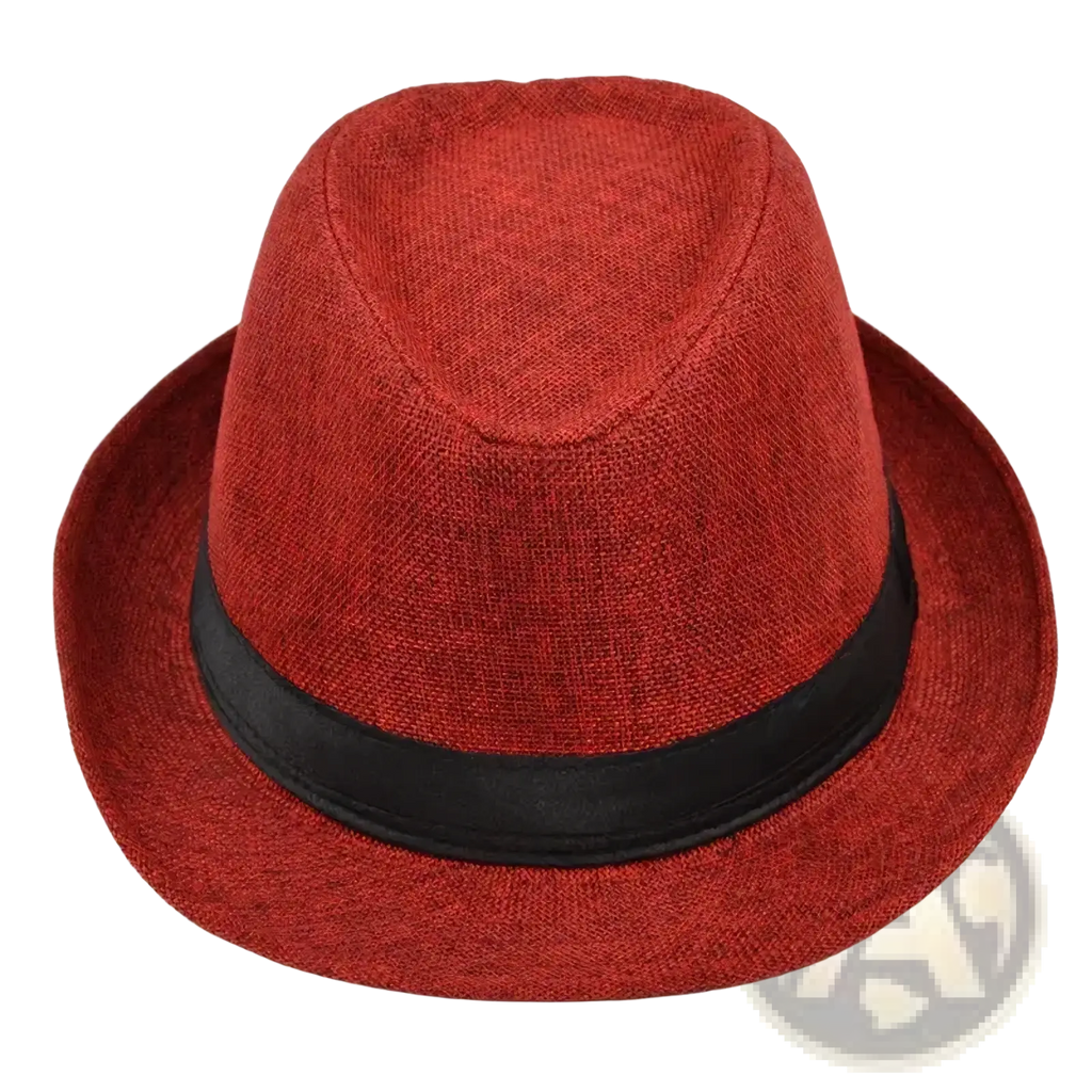 Men cotton linen fedora hat in red with black band designed for casual sunshade use