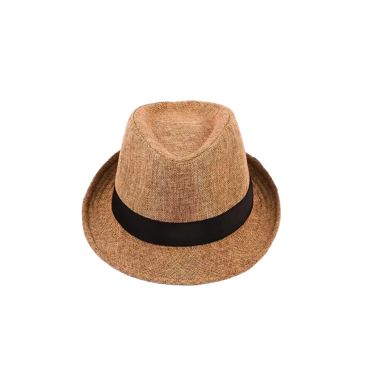 A tan cotton linen fedora hat with a black ribbon band designed for casual sunshade use