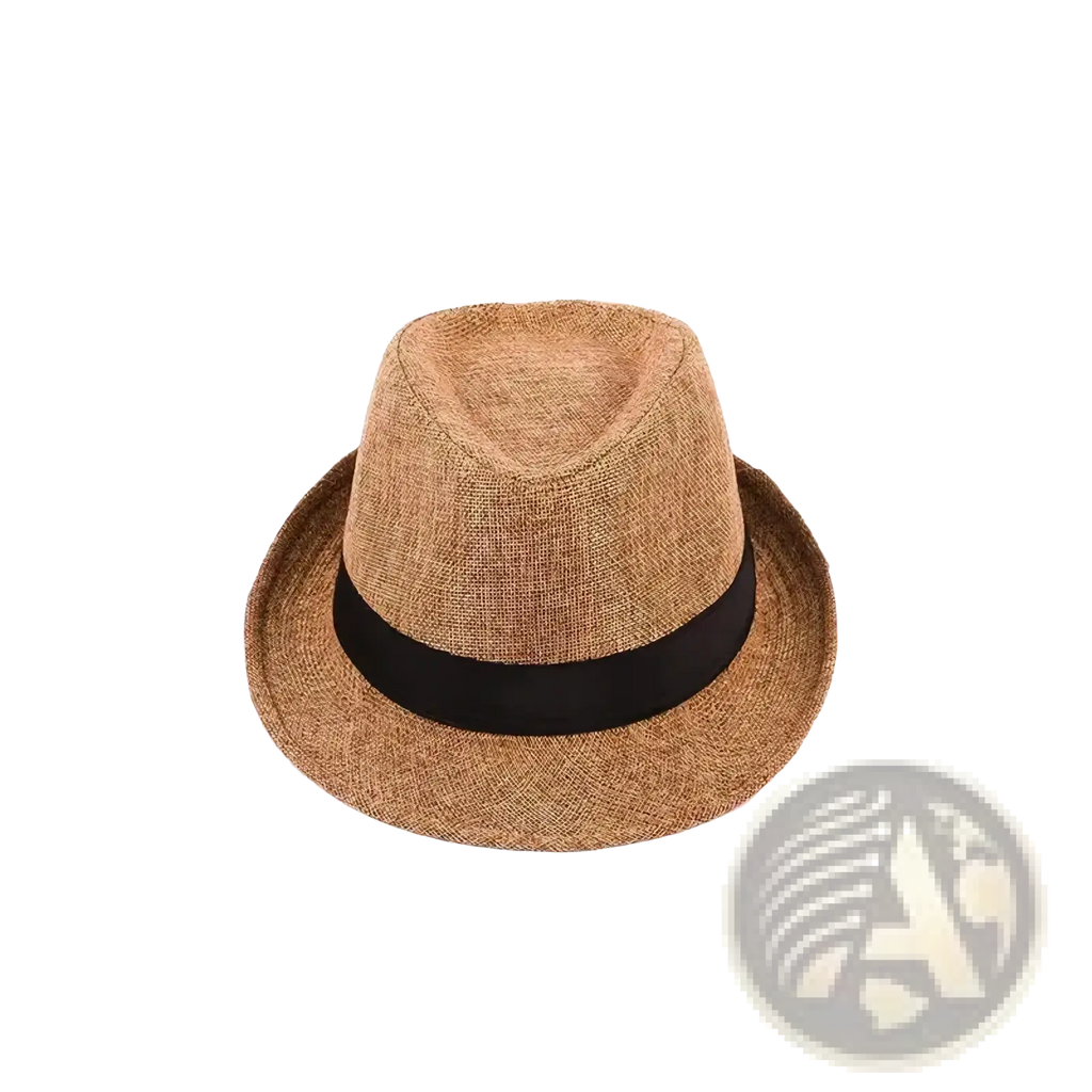 A tan cotton linen fedora hat with a black ribbon band designed for casual sunshade use