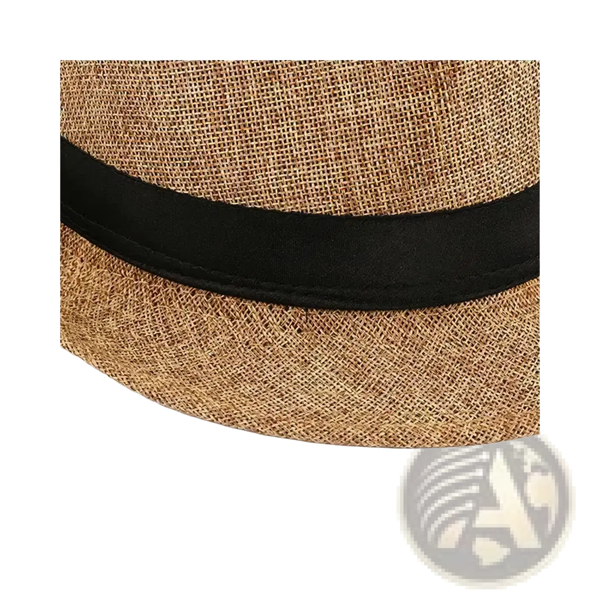 Men cotton linen fedora hat with a tan woven straw design and a sleek black satin band for casual sunshade use