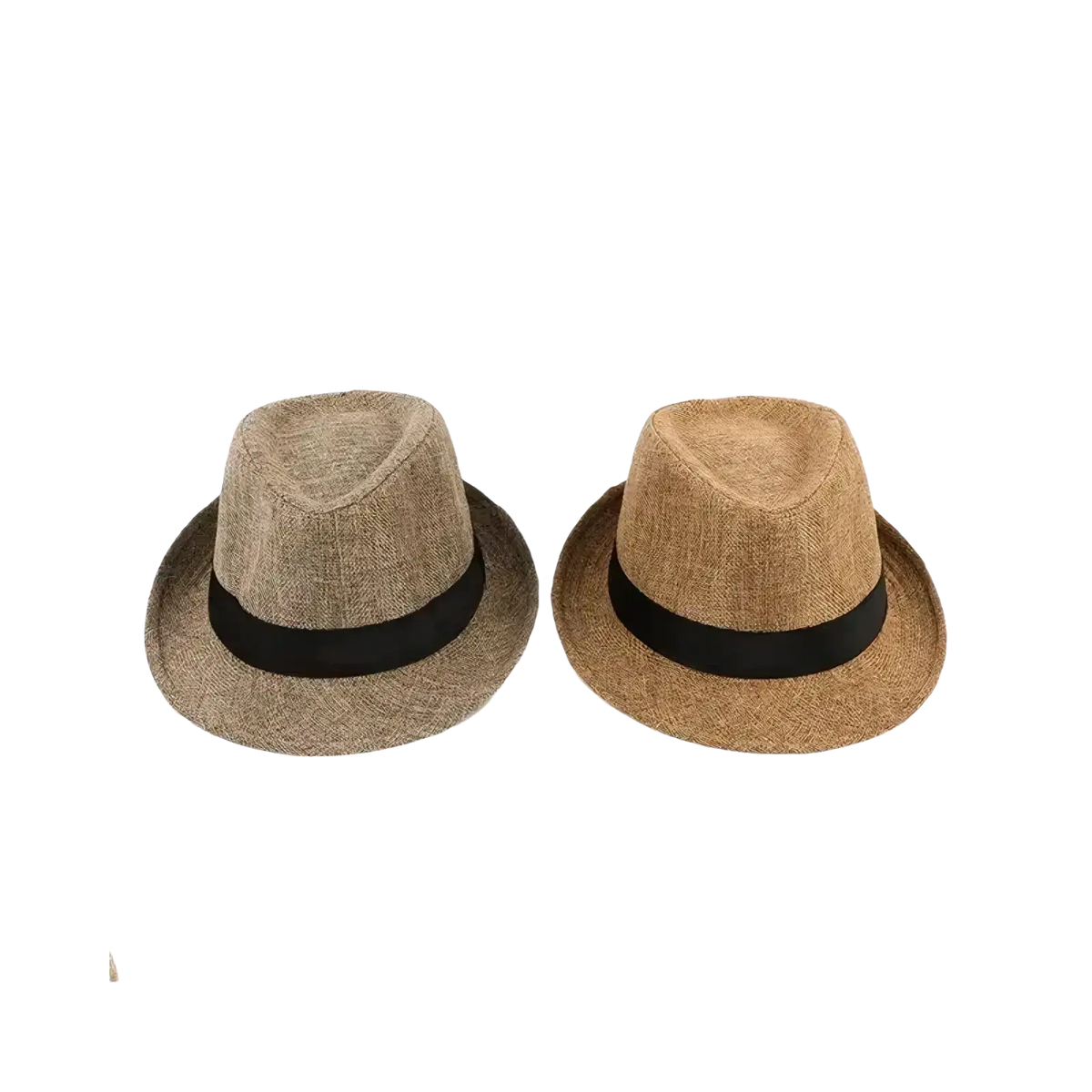 Two beige cotton linen fedora hats with black bands designed for casual sunshade use