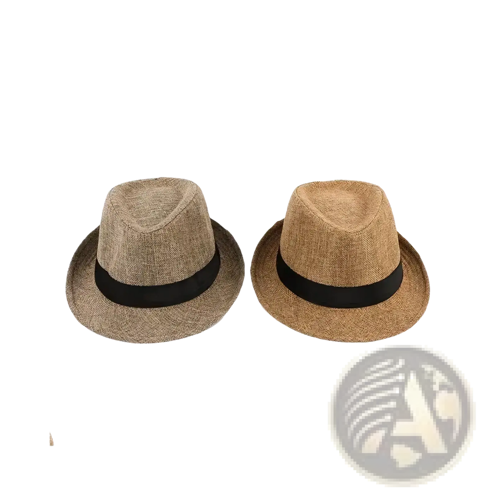 Two beige men cotton linen fedora hats with black ribbons designed for casual sunshade use
