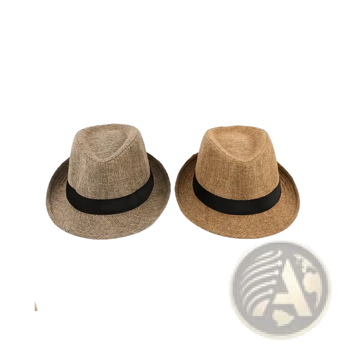 Two beige men cotton linen fedora hats with black ribbons designed for casual sunshade use