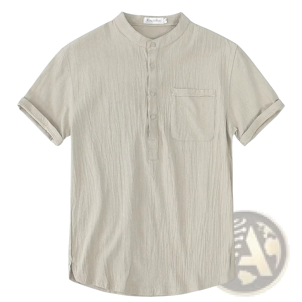 Beige cotton linen henley shirt with mandarin collar and button-front placket casual summer top for men