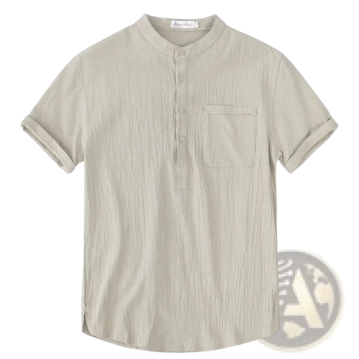 Beige cotton linen henley shirt with mandarin collar and button-front placket casual summer top for men
