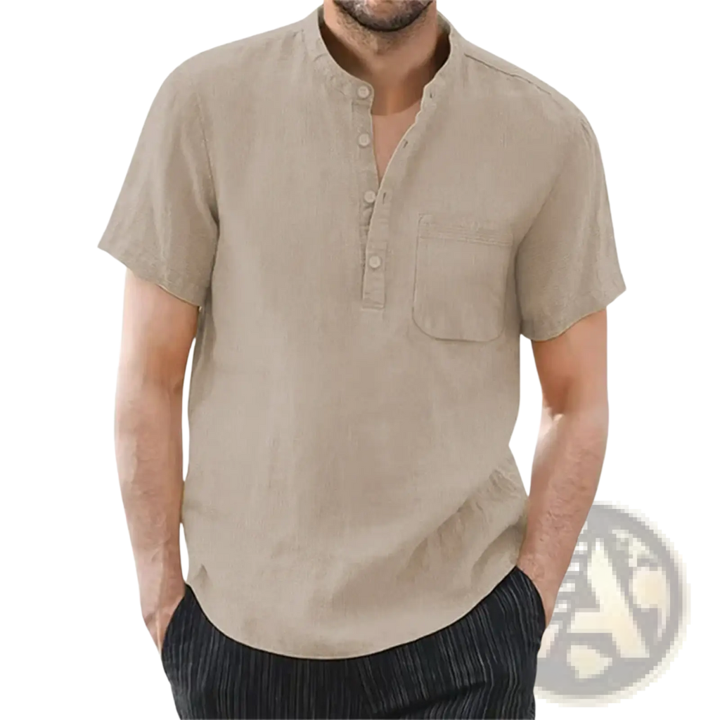 Beige men cotton linen henley shirt with short sleeves and chest pocket casual summer top
