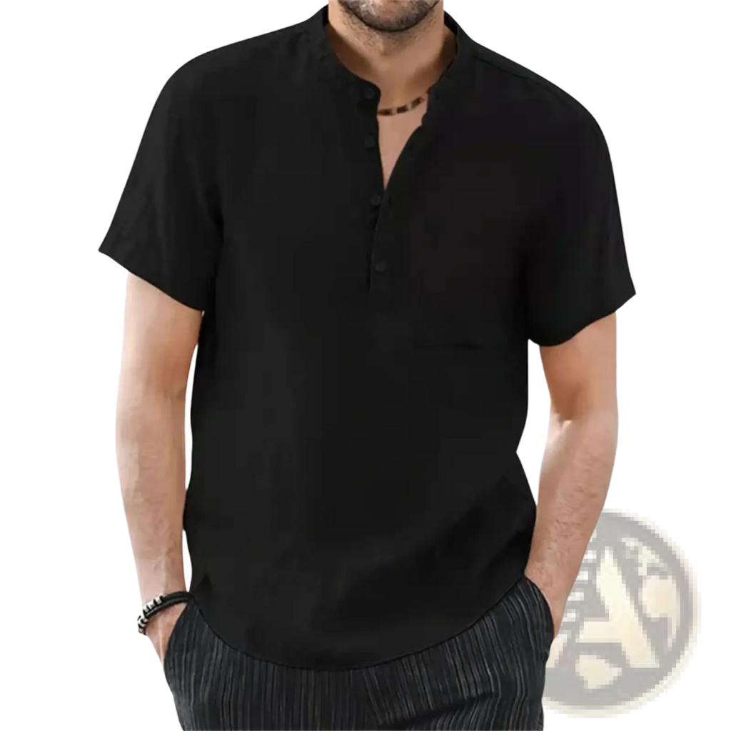 Black short-sleeved men cotton linen henley shirt with relaxed fit and subtle texture casual summer top
