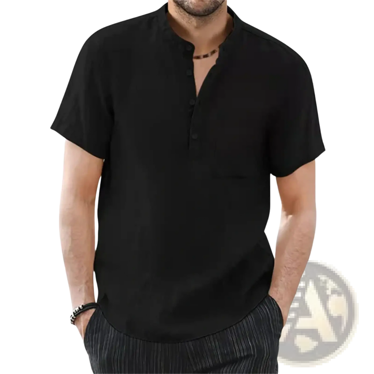 Black short-sleeved men cotton linen henley shirt with relaxed fit and subtle texture casual summer top