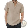 Beige short-sleeved cotton linen henley shirt with chest pocket casual summer top for men