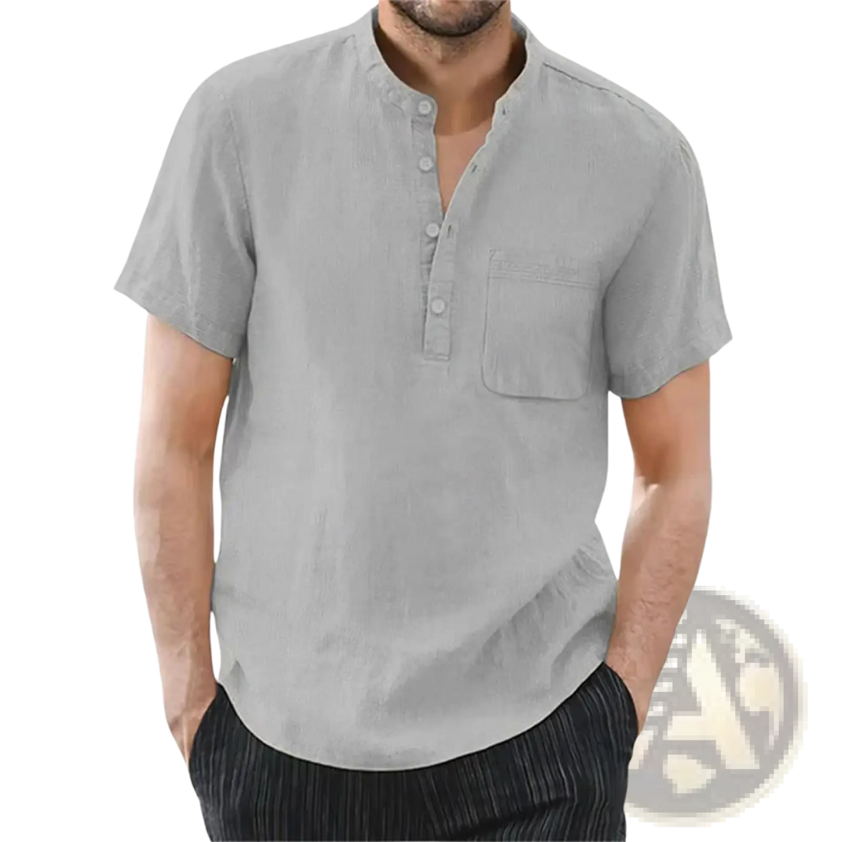 Men cotton linen henley shirt casual summer top in light gray with short sleeves button-up front and chest pocket
