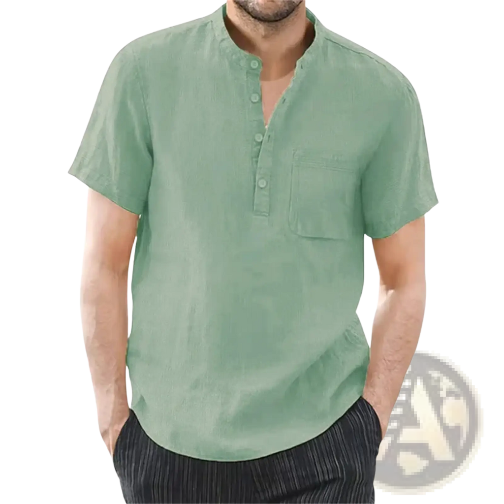 A light green men cotton linen henley shirt with short sleeves button-down front and chest pocket casual summer top
