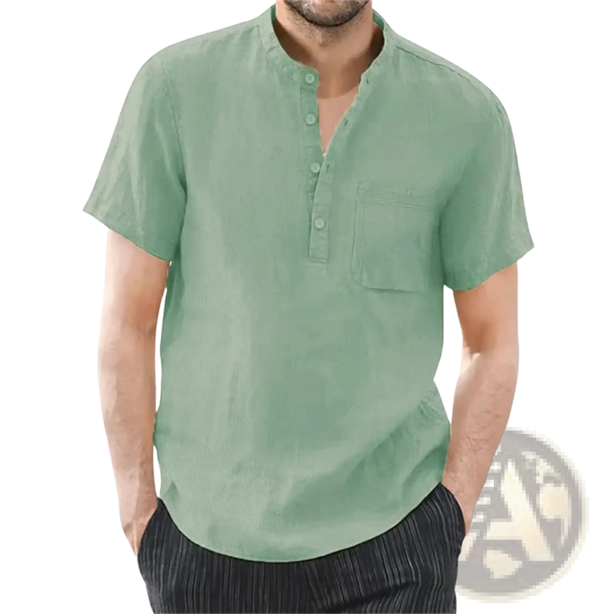 A light green men cotton linen henley shirt with short sleeves button-down front and chest pocket casual summer top