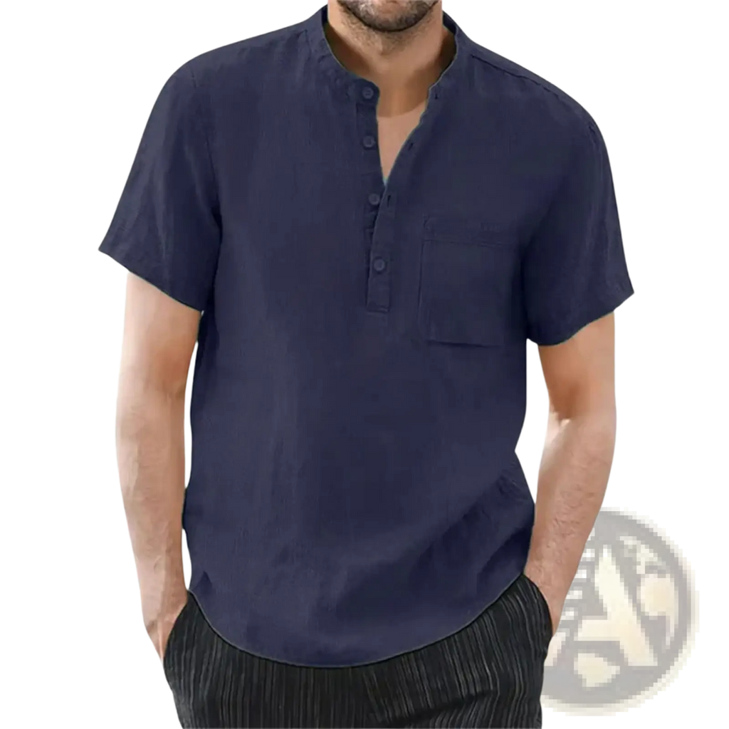 Navy blue short-sleeved cotton linen henley shirt with chest pocket for men casual summer top