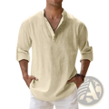 Beige cotton linen henley shirt for men with rolled long sleeves button-down and a v-neck design