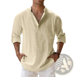 Beige cotton linen henley shirt for men with rolled long sleeves button-down and a v-neck design