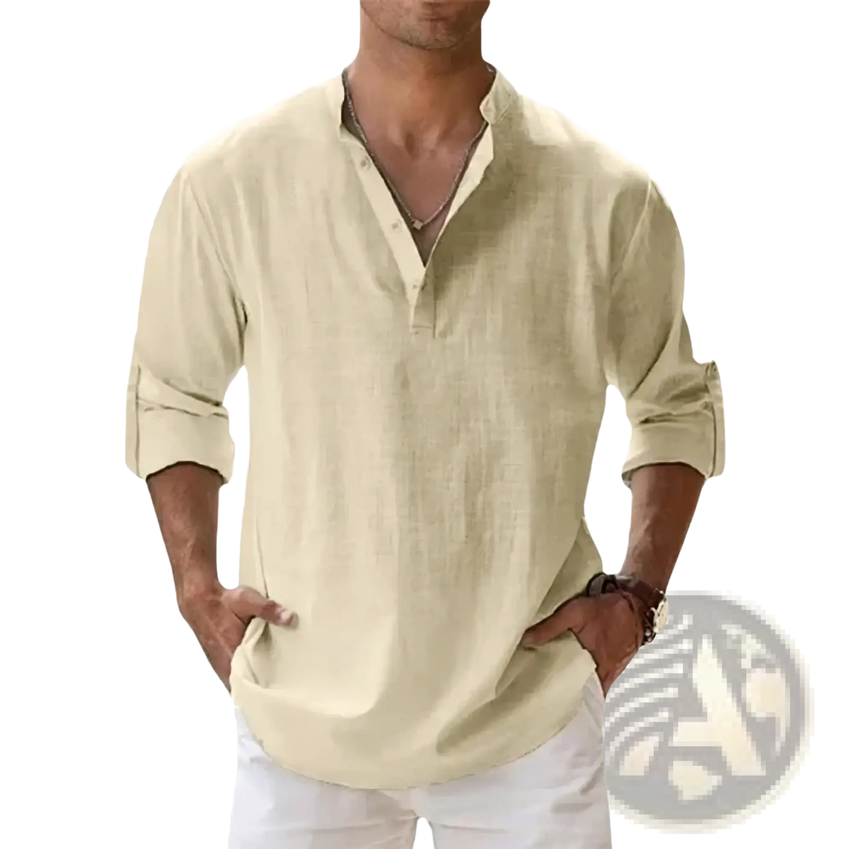 Beige cotton linen henley shirt for men with rolled long sleeves button-down and a v-neck design
