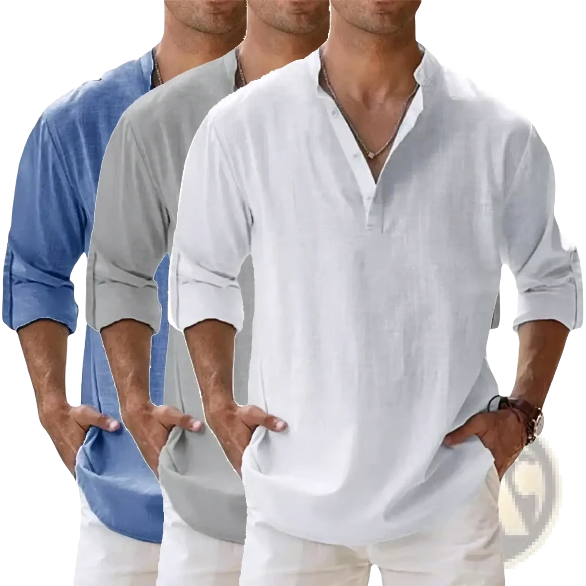 Men cotton linen henley shirt long sleeve white lightweight cotton with v-neck and rolled cuffs for casual wear