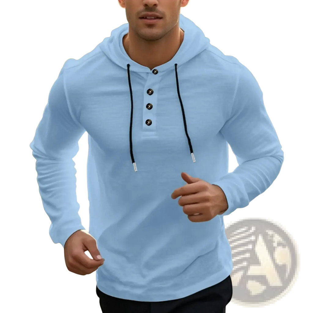 Men cotton linen hooded henley shirt in light blue with long sleeves black drawstrings and button details