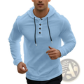 Men cotton linen hooded henley shirt in light blue with long sleeves black drawstrings and button details