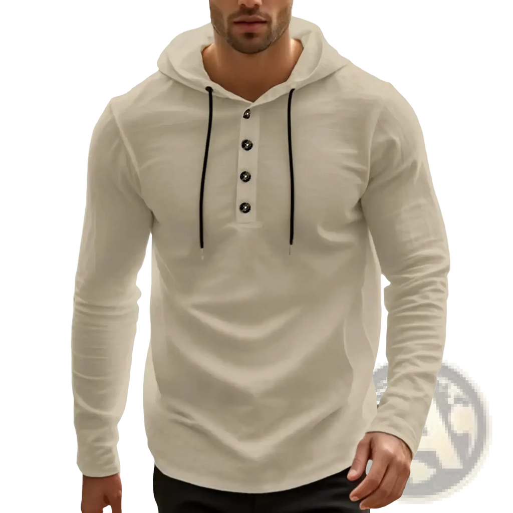 Men cotton linen cream-colored long-sleeved hoodie henley shirt with black drawstrings and button placket