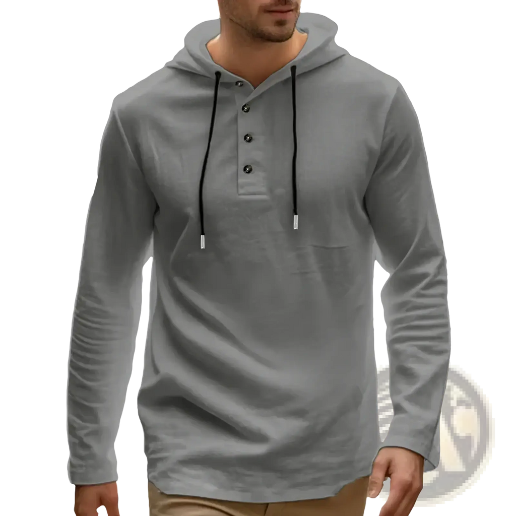 Men cotton linen hooded henley shirt in gray with black drawstrings and three dark buttons at the neckline