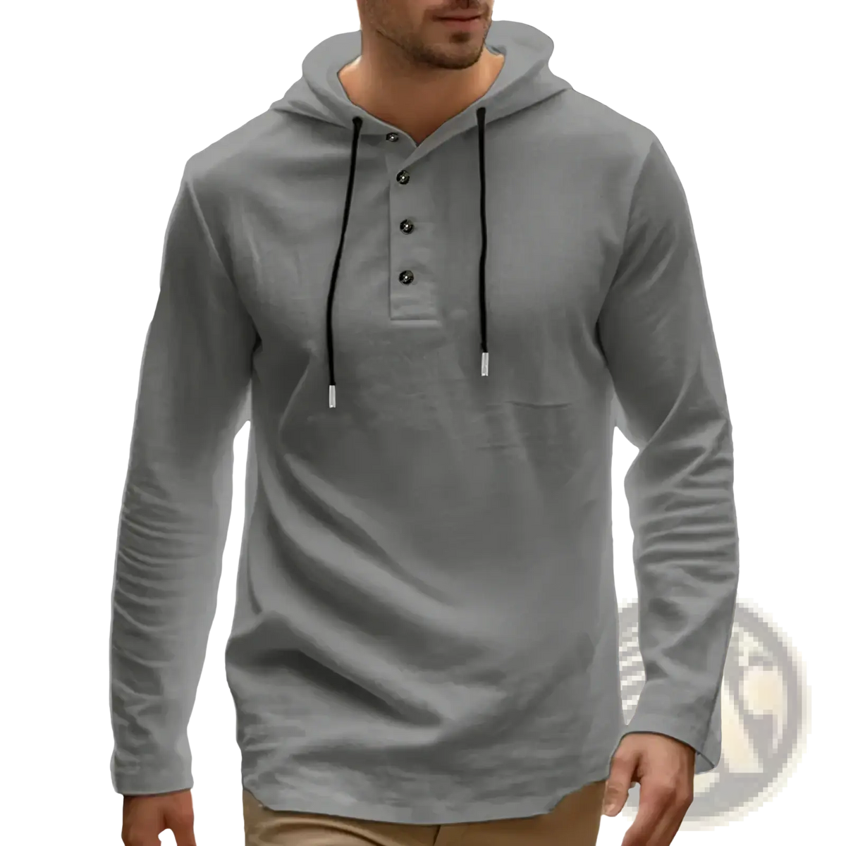 Men cotton linen hooded henley shirt in gray with black drawstrings and three dark buttons at the neckline