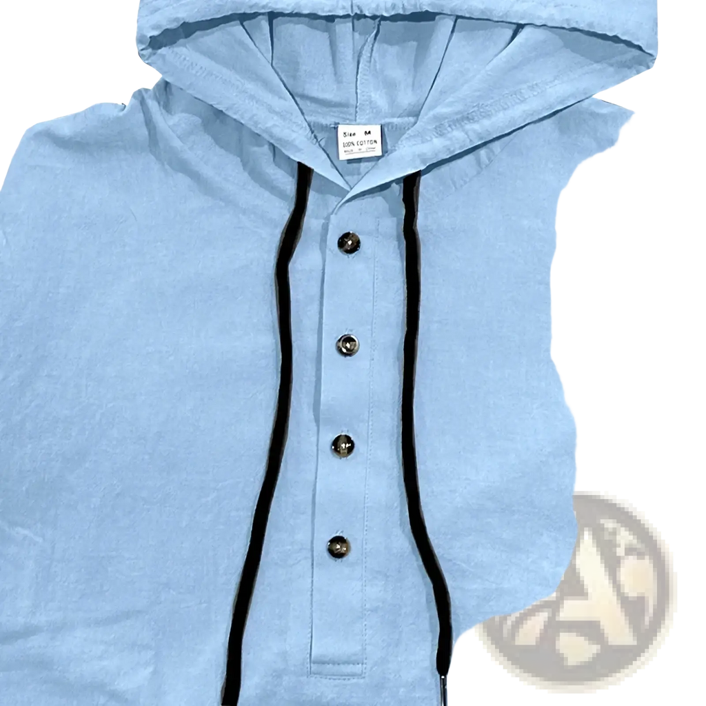 Men cotton linen hooded henley shirt in light blue cotton with black drawstrings and metallic buttons